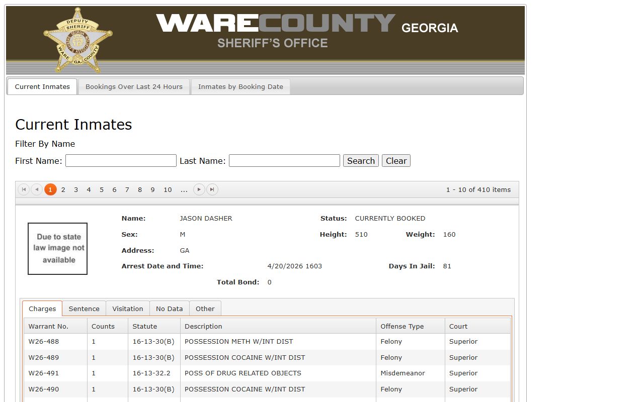 Ware County arrest records current jail population charge fields