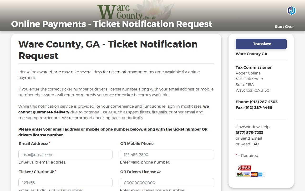 Ware County traffic court records ticket notification fields