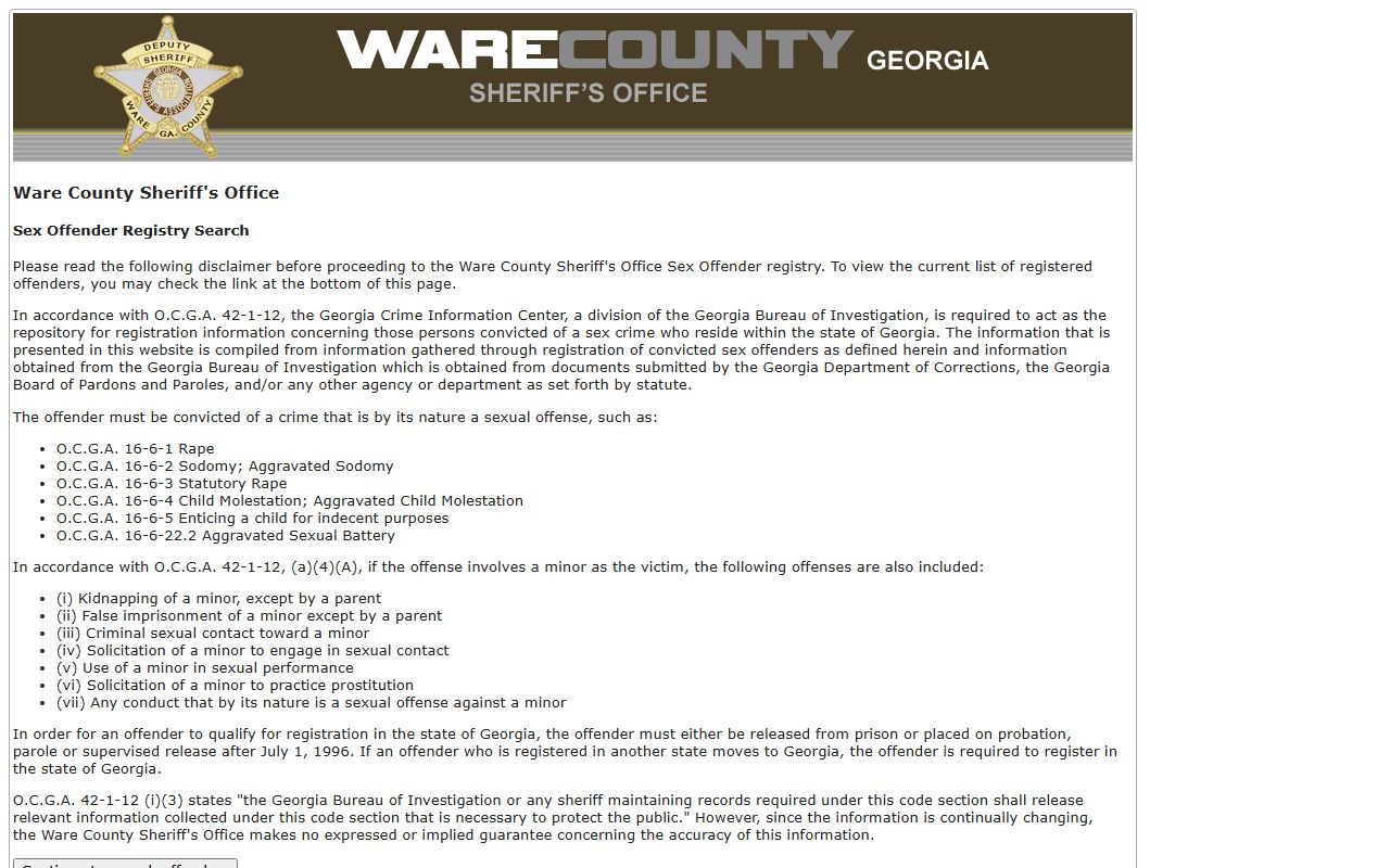 Ware County warrant records sex offender index